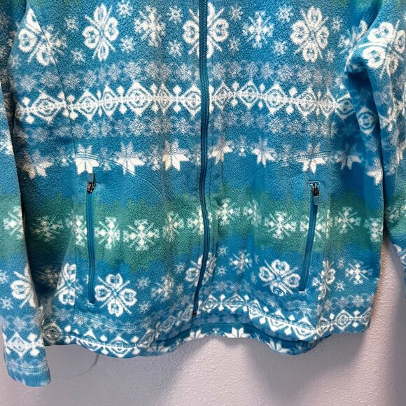 Talbots Womens Full-Zip Fleece Jacket‎ L Snowflake Print Blue & Green - Picture 2 of 8